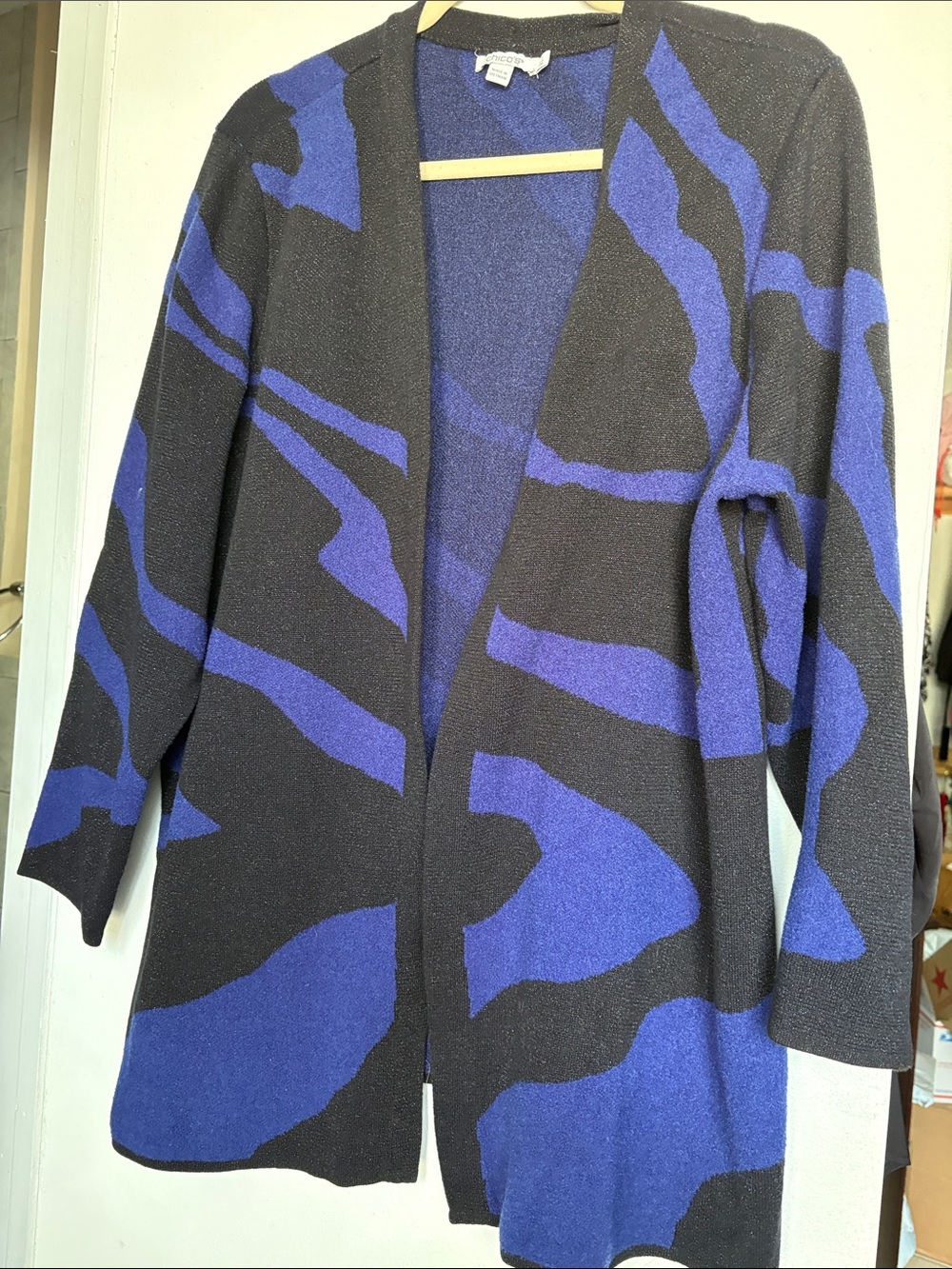 Chico's Black and Blue Open-Front Duster Cardigan